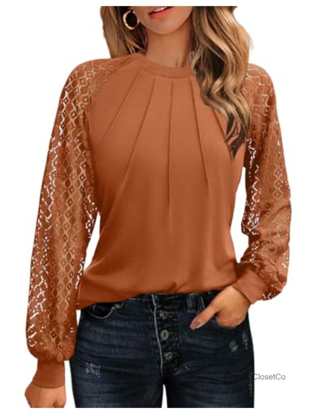 Women's Dressy Casual Long Sleeve Lace Blouse, Crewneck Pleated Top